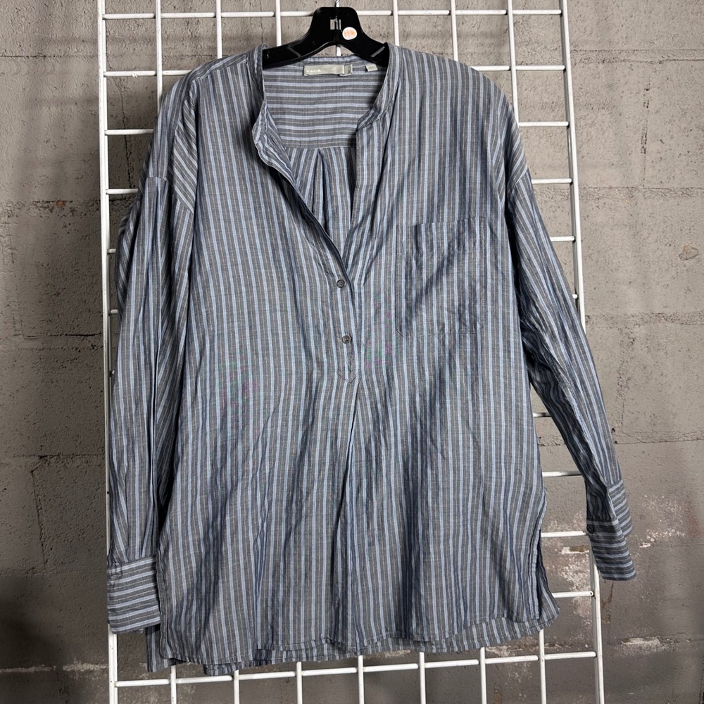 Vince Striped Button Down Long Sleeve Cotton Shirt Medium Blue Gray coastal chic